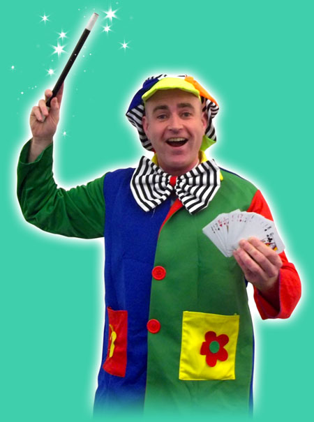 Adam the Magic Clown entertainer waving a magic wand of a deck of cards