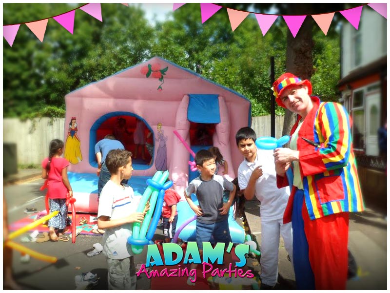 Adam with balloons, kids chasing and bubbles